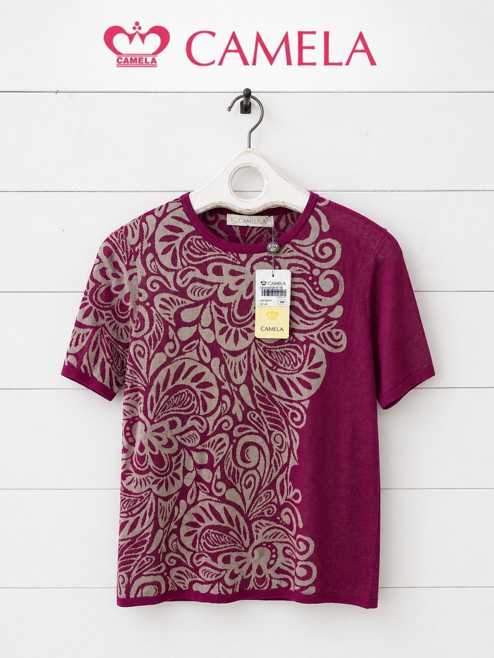 CAMELA Fuchsia Floral Silk Blend Knit Top – Size 40 – NWT